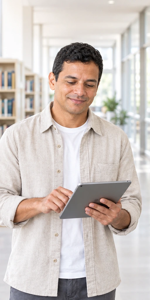 Professor fictício usando um tablet em um ambiente universitário claro